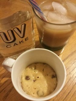 swayisme:  Makin single serving deep dish (mug) chocolate chip cookies with my girl  and drinking Cake with coffee and milk lol  PurrFect ending to a Long Monday!