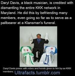 the-real-seebs:teal-deer:   ultrafacts:           He says that KKK members have many misconceptions about black people, which stem mostly from intense      brainwashing in the home. When the Klansmen get to know him, he says, it      becomes impossible