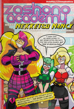 This was commissioned by someone on deviantART called YukaTakeuchiFan, and he wanted me to make a vintage comic cover depicting his character,  Nekketsu Nancy, arriving at the Zashono Academy in a sort of kind of  parody of the Archie meets the Punisher