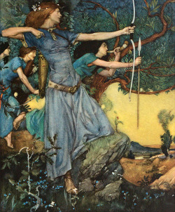 brudesworld:  			“She was a great  			huntress, and daily she used to hunt, and  			ever she bare her bow with her.” William Russell Flint illustration from Book XVIII of Sir Thomas Malory’s Le Morte d’Arthur: The Book of King Arthur and his Noble