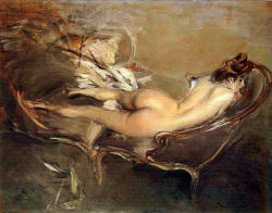 artist-boldini: A Reclining Nude on a Day-Bed, 1900, Giovanni Boldini Medium: oil,panelhttps://www.wikiart.org/en/giovanni-boldini/a-reclining-nude-on-a-day-bed 