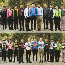 long-distancelovee:  so my sister had homecoming last weekend and all the guys in her group secretly decided on undercover superhero identities and wore the corresponding colors to match the shirts underneath and revealed them during this picture and