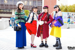 tokyo-fashion:Japanese high school students 16-year-old Riripon, 16-year-old Sponge Miyuu, 16-year-old Miori, and 15-year-old Mawonini wearing bold colors and prints on the street in Tokyo with items from Ashinaga Ojisan, San-Biki No Koneko, Thank You