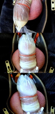 subhumanfag:  My master doesn’t usually wear a condom when he uses me, but when he does he always finds humiliating ways like this to use it afterwards. There are few things more humiliating than feeling a real mans cum inside your cage as you go about