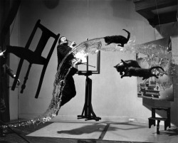 poree-zayas:  Salvador Dali - “Dali Atomicus”. The 1948 work shot by Philippe Halsman for life magazine. (UNRETOUCHED version, you can still see wires and prop man holding the chair.) 