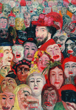 the-paintrist:  anassembly:  James Ensor Self-portrait with Masks, 1899  James Sidney Edouard, Baron Ensor (13 April 1860 – 19 November 1949) was a Belgian painter and printmaker, an important influence on expressionism and surrealism who lived in Ostend