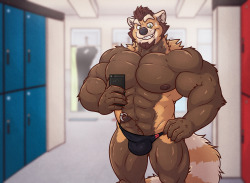 chocofoxcolin: Locker Room Selfie.  commission for   crumble hes just a bit excited to sharing his muscle progress at the gym *wink*   http://www.furaffinity.net/view/22421694/ 