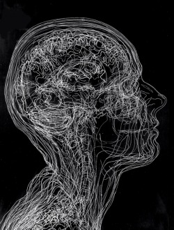 actegratuit:  Self-portrait based on MRI scans “I developed this concept by drawing or engraving details from MRI and CT scans onto multiple sheets of glass, thereby layer by layer recreating human and animal forms, in particular the brain. The finished