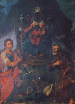 funkadelicsoul:  A portrait by French painter Eglise Saint Michel de Menton of Mary and Jesus Christ with Martin of Tours and St. Bernadine of Siena at their feet. 