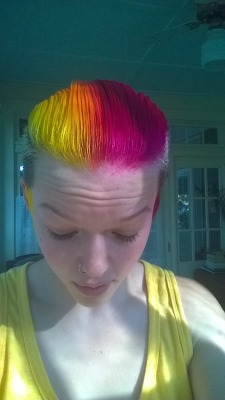 lovelydyedlocks:  I’m overtlyneutral. I used Manic Panic Sunshine and Hot Hot Pink and mixed them in the middle a little bit. My hair was bleached blonde before :) and I love it!
