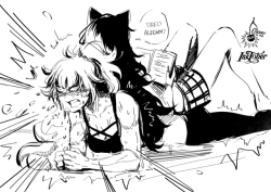 cherryinthesun: Inktober2018  with Yang and Blake from  RWBY &lt;3   Day 7 - Exhausted  When your cat helps you with everyday plank session…   #YURITOBER  Patreon ⎸Ko-fi ⎸Commissions  That’s not easy tho lmao 