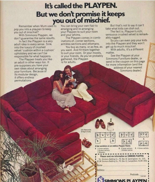 adamsmasher:vintageeveryday:  Extra large Playpen sofas of the 1970s.   Oh these were for fuckin’