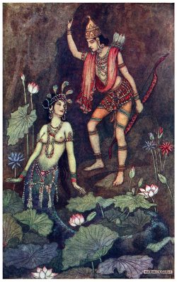 oldbookillustrations:  Arjuna and the river nymph.  Warwick Goble, from Indian myth and legend, by Donald Alexander Mackenzie, London, 1913.  (Source: archive.org)