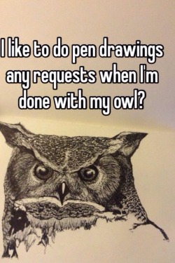 I like to do pen drawings, any requests when I’m done with my owl? And to see progress of current drawings add me on snapchat: k80rice