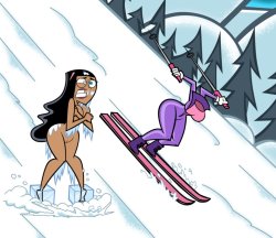 grimphantom:  Butt Freezing Paulina and alt version Commission done for Thunderfoxjt who wanted Paulina’s skiing outfit being possessed and……well you can see for yourself when you’re not wearing your winter clothes in the snow XD. I found the