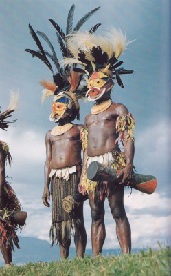 kicker-of-elves:  masked dancers, New Guinea      National Geographic 1953   E Thomas Gilliard and Henry Kaltenthaler