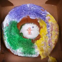 Our #kingcake got bumped a bit on the way to the party but still looks yummy!!! #kingcakebaby #letthemeatcake #letthemeatkingcake #MardiGras #MardiGras2016 #sprinkles #cake #carnival #food #foodie #foodporn #foodgram #foodstagram #eating #omnomnom