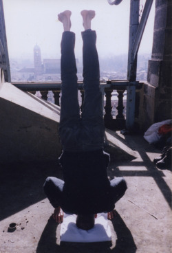 arterialtrees: Geoffrey Hendricks, Headstand, Bell Tower Torre Civica, Bergamo, Italy, 2012, Color photograph, 6 x 4 in (15.2 x 10.2 cm)