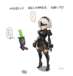 requiemdusk:2B learns about recharging her batteries.  Devious little helper pod bot enthusiastically explains.