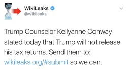 trumpgrets:  [image: tweet of wikileaks, a.k.a trump supporters’ most venerated source of real news, soliciting leads on trump’s tax returns]  (wikileaks has trumpgrets ☕️)