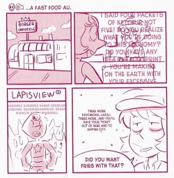 rockonandstuff:  as-warm-as-choco:  A FAST FOOD AU by Lauren Zuke and Mira W. (from their SDCC 2016 zine) ( Restaurant Wars last night made me think the Crystal Gems running a restaurant could be a good idea. Now I don’t know after seeing this :P )