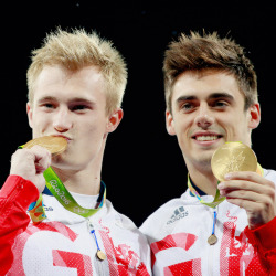 tomrdaleys:  Gold medalists Jack Laugher and Chris Mears of Great Britain pose during the medal ceremony for the Men’s Diving Synchronised 3m Springboard Final on Day 5 of the Rio 2016 Olympic Games at Maria Lenk Aquatics Centre on August 10, 2016 in