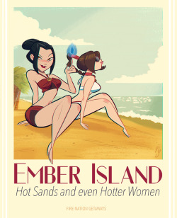 brokenlynx21: Commission piece for http://themultipled.deviantart.com/ .   A Fire Nation Getaways ad.  Fly away to ember island, and enjoy the beautiful beaches, and the gorgeous views!  Catch some sun, but be careful to not get burned! 