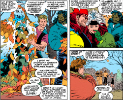 1407-graymalkin-lane:  Bobby attempts to teach Bishop what “fun” is Uncanny X-Men #308, January 1994Writer: Scott Lobdell. Penciler: John Romita, Jr. Inkers: Dan Green and Al Vey. 