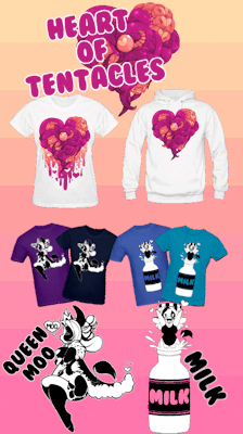 madamsquiggles:New shirts out on my Spreadshirt! Heart of Tentacles, Queen Moo, and Milk! Buy them and feel Squiggles on your skin.  I want milk