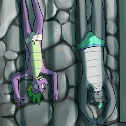 Spike and Stone seem to have been stripped and placed in a dungeon, upside down no less.