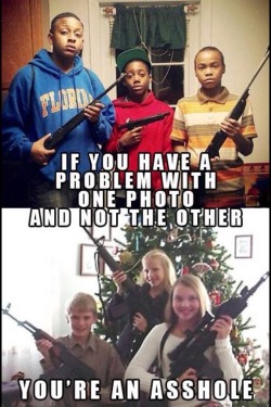 cyanhyena:  vandigo:  newwavefeminism:  The automatic criminalization of black and brown bodies  Now hold on a sec I do INDEED have a problem with one picture but not the other. In the TOP picture you can clearly see two hunting rifles and a mid-sized