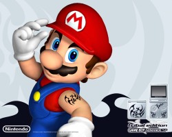 ghostlycandlefairy:  panoots:  queenwhiskey:  suppermariobroth:  Game Boy Advance SP Tribal Edition promotional material.  This means that canonically Mario has a shoulder tribal tattoo. And theres no way you can disprove that. The shortest we’ve seen