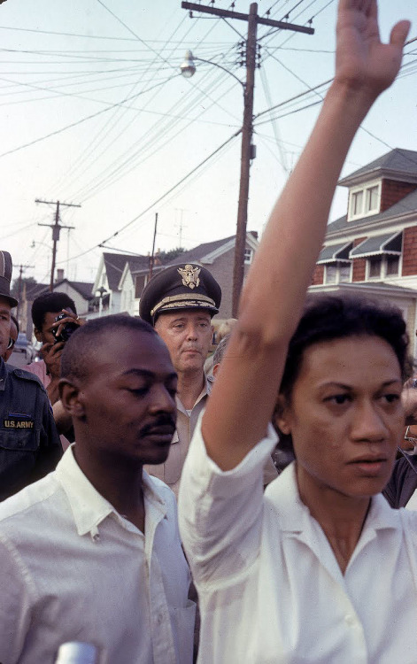 milkandheavysugar:  Civil Rights leaders Gloria Richardson (chair of the Cambridge Non-Violent Action Committee) (right), and Riggs Robinson (left) lead a demonstration for equal rights, Cambridge, Maryland, June 1963. (c.Leonard McCombe)