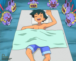 th3dm0n:  Ash Ketchum - Sleeping Shirtless 7 Original Artwork (Screenshot) is from the Pokemon X&amp;Y Anime Series, Hoopa Special 2, edited by dm0n.© Names &amp; Characters are Copyrighted by Pokémon/Nintendo.No copyright infringement intended  