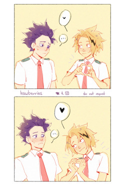 hawberries:  shot through the heart…shinkami still has me by the scruff[images are a 6-panel comic. panel 1: kaminari makes a small heart with his hands, batting his eyelashes at shinsou, who looks a little flustered. panel 2: kaminari makes a slightly