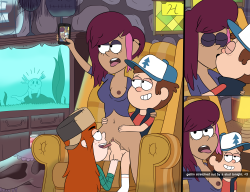 xxmercurial-darknessxx:  A piece I’ve had on the back burner for a while, concieved/sketched/colored by me with the lineart done crisp and smooth by superionnsfw, featuring Dipper having a little fun with Tambry and Wendy in the back room of the Mystery