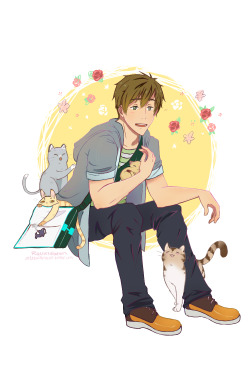 teawithrachel:  hc that whenever makoto sits down outside for more than 5 minutes he gets surrounded by cats 