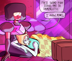 tenkko:  this is a few days old but someone suggested I draw pearlnet watching a movie and someone else suggested i draw pearl resting her head on garnet’s thighs!! 