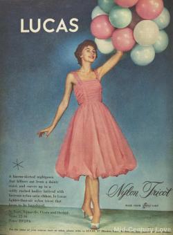 mid-centurylove:  She dressed in her best rose colored nightgown, in case the balloons took her up and away on a romantic adventure…..1958 