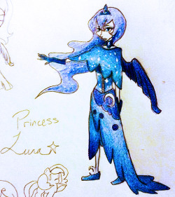 sleepyfoxstar:  I drew this months ago and just recently remembered it Basically dress and hair designs I continuously think up for a human Luna design. The one in colour is my first one.