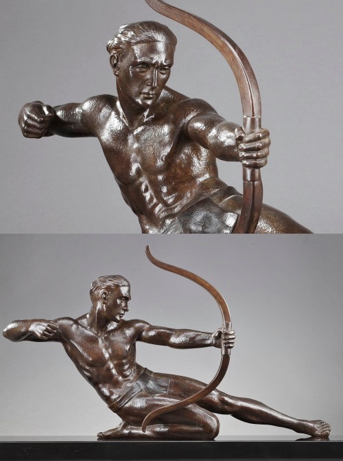 hadrian6:The Archer. circa 1930.   This Art Deco-era statue crafted of patinated bronze captures an archer bending his bow. The figure is rendered with an impressive tension and energy. The nude athlete inspired by the Greek sculpture, has an arm bending