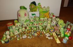 pokescans:  The Chikorita (and family) shelf needed to be rearranged anyway, so I decided to take them all down for photos! One of my favorite starter families! I especially love Ash’s Chikorita/Bayleef in the anime. 