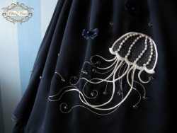 cheriecerise:  Guys, we want to show you our new work that we hope to have soon ready for sale :)Georgette skirt with a beautiful jellyfish embroidery. Embelished with pearls and glass bead bubbles that are embroidered by hand. Has a second layer of glitt