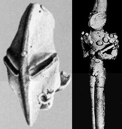Male Lizard figurine was found at Al Ubaíd archeological site in Iraq. It belongs to a such called Ubaíd period, dating 4000 - 5900 BCE, which predates the Sumerian culture. The left head object authenticity unknown but there is no explanation for