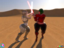 Heres a pic related to Star Wars with @rivaliant Silk and Nissa having a Light saber duel. I really love the outfit that silk has on, Nissa is very similar. I wanted to do a scene that replicate Jakku from the movie. The movie was really great, If you