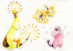 gracekraft:  Next in the Johtodex series, the lovely regional electric sheep, the Mareep line! I love all of these designs, every stage is absolutely adorable! I love how in GSC an Ampharos is the power source of the Olivine City’s Lighthouse.  And