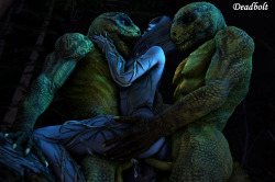 Lizard Men double teaming the Lady of the ForestClick Here for Full ResolutionLooking for my Archive up to June 2015? Click here.Follow my twitter account for more ways to keep track of my work.Credits:  Lady of the Forest [Bioware] Model by Beserker79