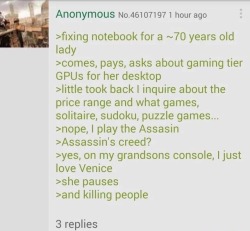 ironbite4:  writerswithoutfucks: justgreentextthings: Green Text Story no. 211: “Grandma Assassin”  Honestly, Max sells a lot of WWII games to sweet, unassuming little blue haired grannies. As soon as they hear they can kill Nazis they’re like YES