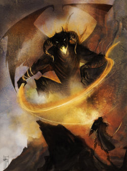 markedasinfernal:  &lsquo;Along that narrow way their march was strung, when they were ambushed by Orcs, for Morgoth had set watchers all about the encircling hills; and a Balrog was with them. Then dreadful was their plight, and hardly would they have