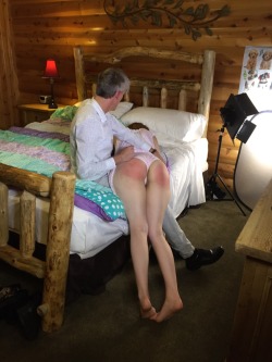 alexinspankingland:  Behind the scenes of @linnylace getting a bedtime spanking from Paul during our shoot this weekend. 😽  This scene is out at www.northernspanking.com